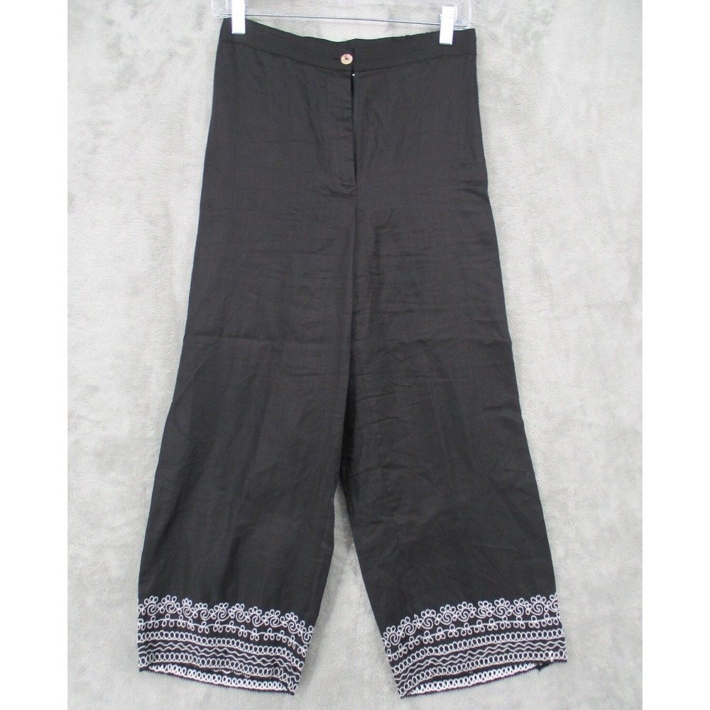 Vintage Georgiou Studio Pants Womens Size S Linen Embroidered Hem Wide Leg Black